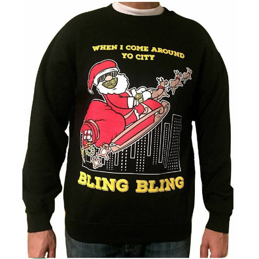 BLING SANTA - Black "Ugly" Christmas Sweaters Snowtorious Small Adult 