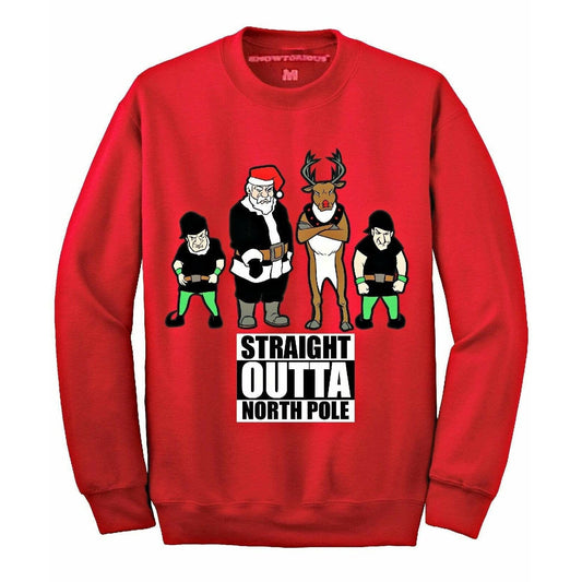 STRAIGHT OUTTA NORTH POLE - Red "Ugly" Christmas Sweaters Snowtorious Small Adult 
