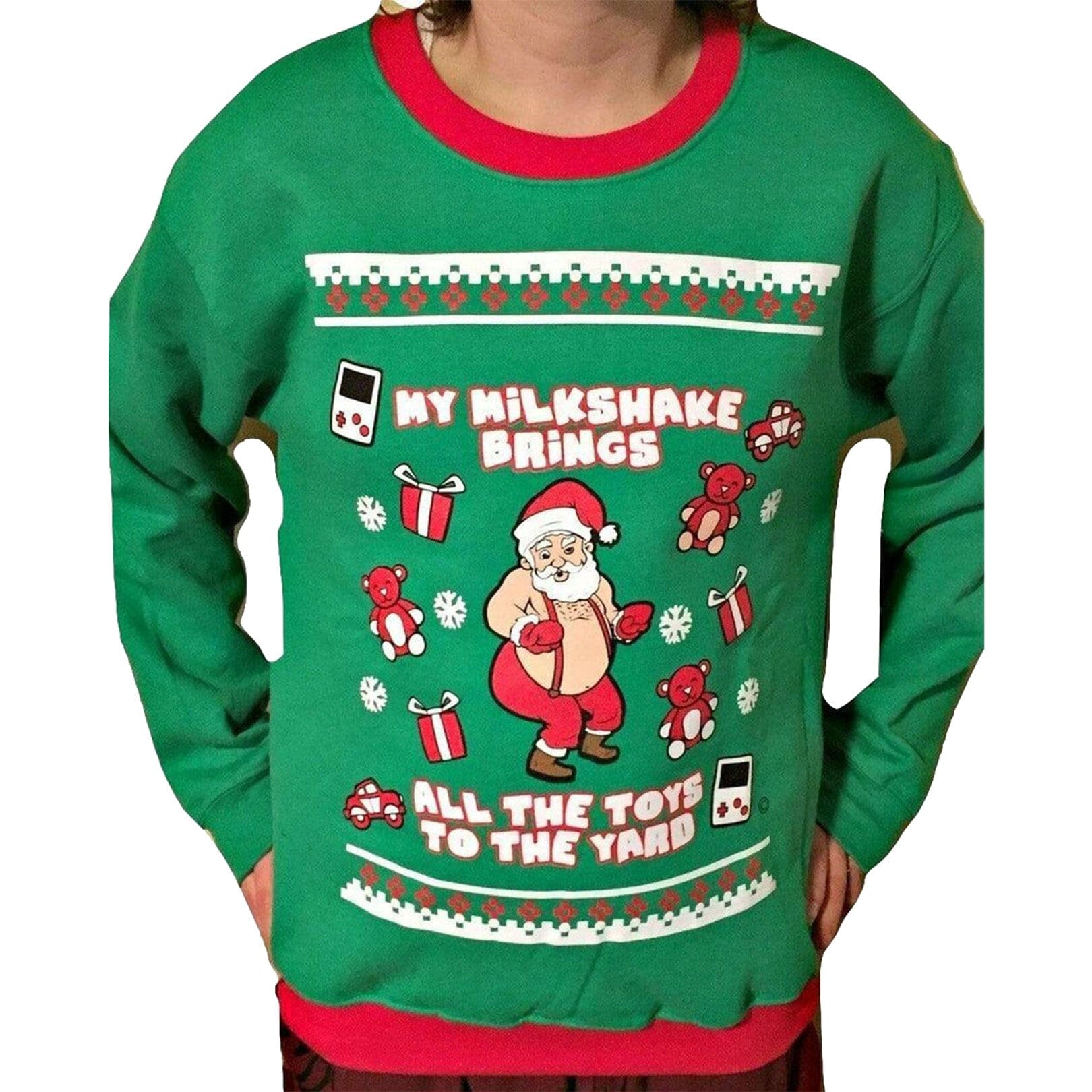 MILKSHAKE - Green with Red "Ugly" Christmas Sweaters Snowtorious Unisex - Small Green 