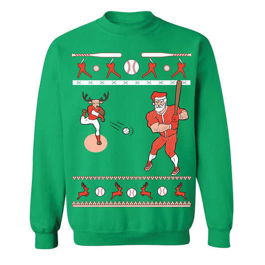 BASEBALL - SLUGGER SANTA - Green "Ugly" Christmas Sweaters Snowtorious Small Adult 