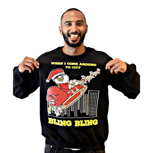 BLING SANTA - Black "Ugly" Christmas Sweaters Snowtorious 